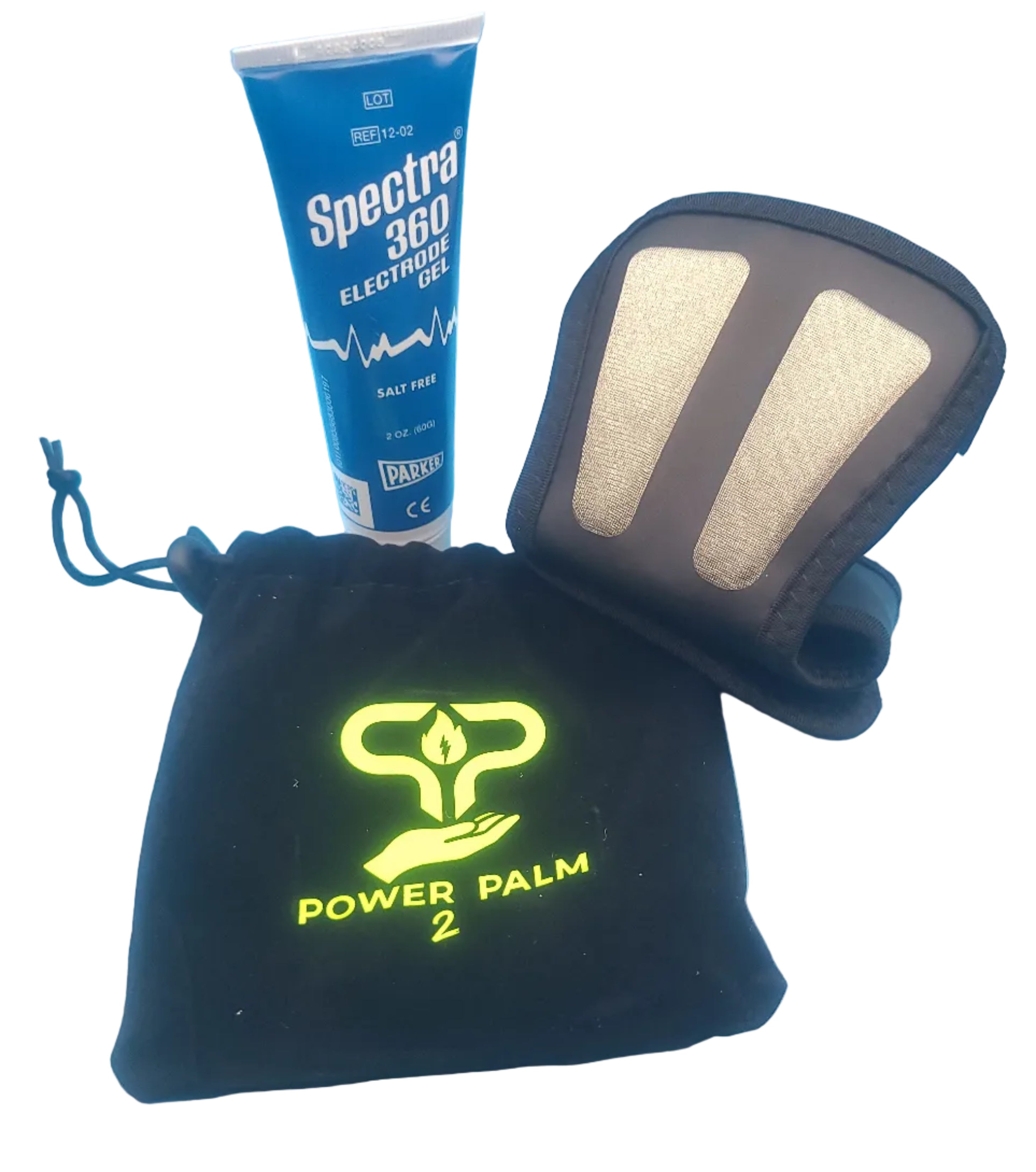 Power Palm 2 glove, Spectra 360 electric gel tube, and black drawstring bag with logo on a white background