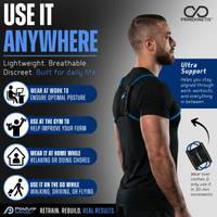 PostureMedic Plus Strength posture corrector worn across the upper back, Medium size