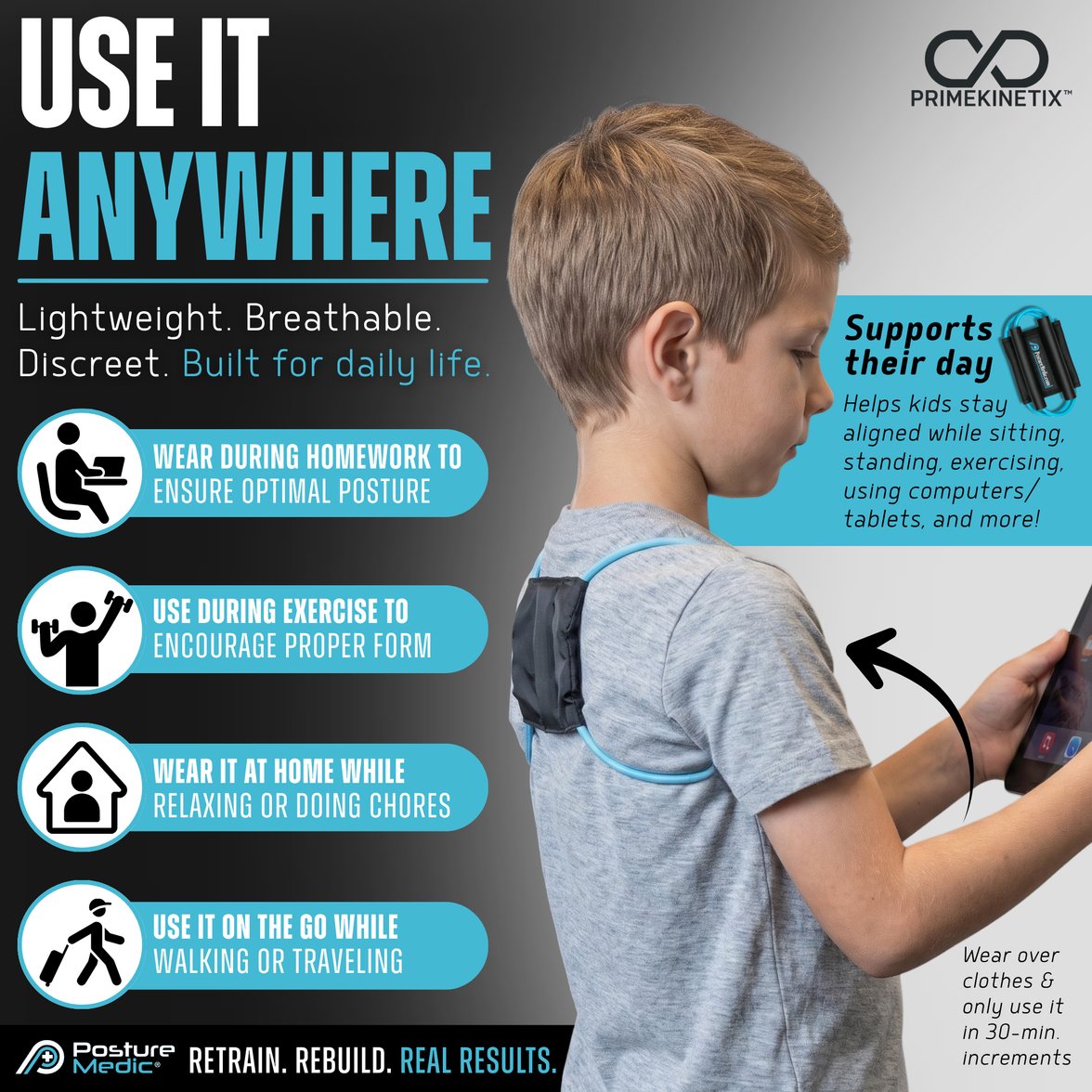 Child wearing PostureMedic X-Small posture corrector for kids