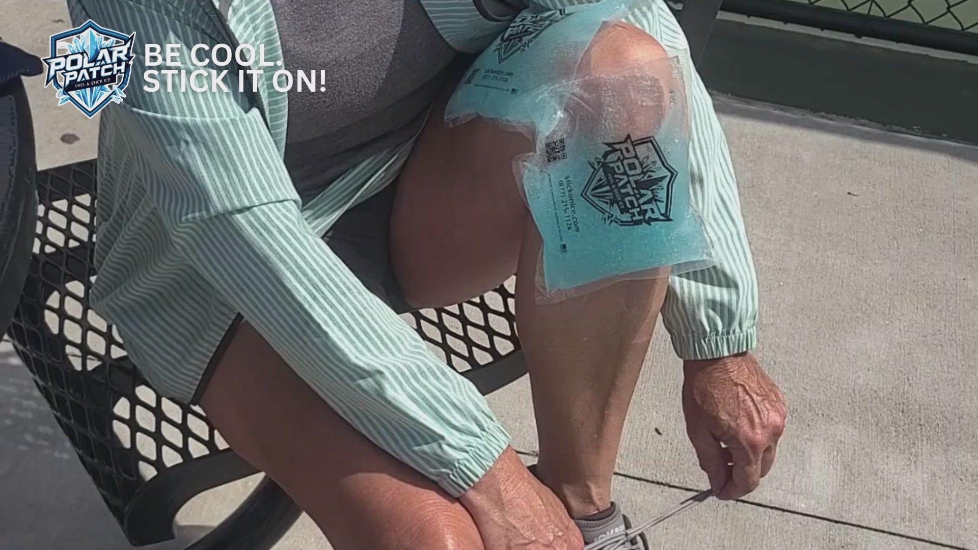 Load video: Polar Patch stuck on knee while sitting, in a bent position, then woman stands up and walks around with Polar Patches still in place.
